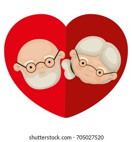 white background of colorful heart shape greeting card with caricature face of bald grandfather with beard and grandmother with side collected hair vector illustration