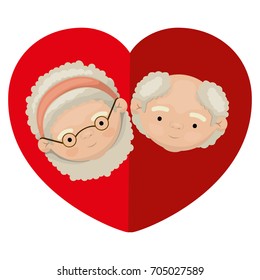 white background of colorful heart shape greeting card with caricature face of grandmother with curly hair and bald grandfather vector illustration