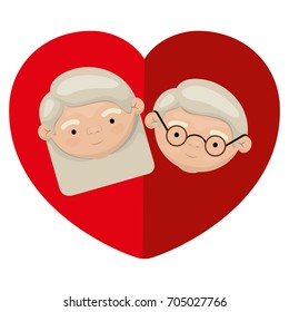 white background of colorful heart shape greeting card with caricature face of grandfather with glasses and grandmother with straight medium hair vector illustration