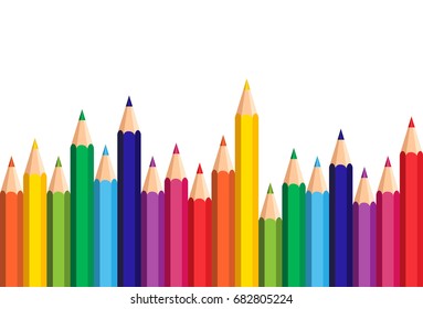 White Background With Colorful Pencils Set On Edge Copy Space Banner Flat Vector Illustration