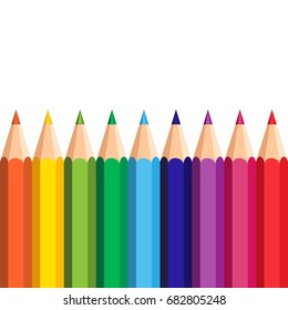 White Background With Colorful Pencils Set On Edge Copy Space Banner Flat Vector Illustration