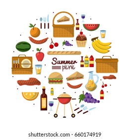 white background of colorful poster of summer picnic with set of utilities and food