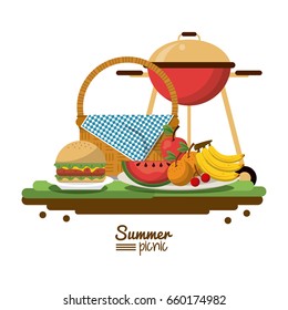 white background of colorful poster of summer picnic with picnic basket and charcoal grill and dishes with fruits and burger