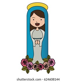 white background of colorful pretty christian virgin and ornament of pink roses vector illustration