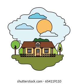 white background with colorful scene of natural landscape and country house with railing in sunny day vector illustration