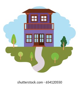 white background with colorful scene of natural landscape and house with two floors and balcony vector illustration