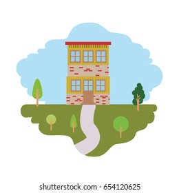 white background with colorful scene of natural landscape and house of two floors vector illustration