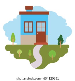 white background with colorful scene of natural landscape and small house with chimney vector illustration