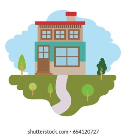 white background with colorful scene of natural landscape and house of two floors with chimney vector illustration