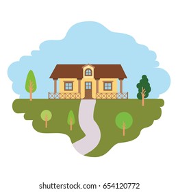 white background with colorful scene of natural landscape and country house with railing vector illustration