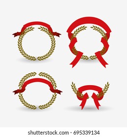 white background of colorful set arch of leaves with red ribbon tape vector illustration