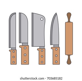 white background with colorful set collection knifes and wooden roll vector illustration