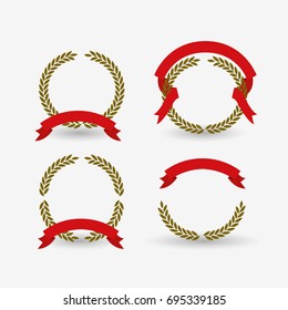 white background of colorful set crown of olive branches with red ribbon tape vector illustration