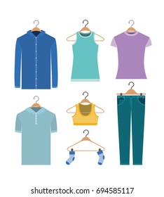 white background of colorful set elements clothes in hangers vector illustration