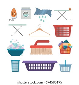 white background of colorful set elements of laundry and cleaning items of wash machine vector illustration