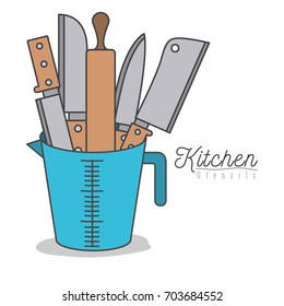 white background with colorful set knifes and roll wooden kitchen utensils in jar vector illustration