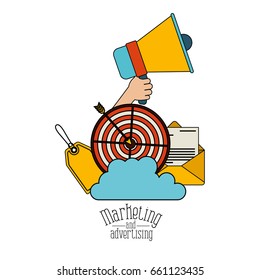 white background with colorful set megaphone and strategy elements marketing and advertising vector illustration