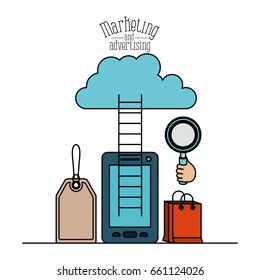 white background with colorful set smartphone upload to cloud with elements online sales marketing and advertising vector illustration