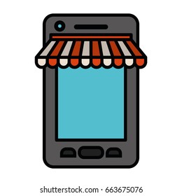 white background with colorful silhouette smartphone online store with thick contour vector illustration