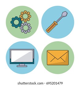 white background with colorful spheres with pinions set and screwdriver and lcd monitor and mail