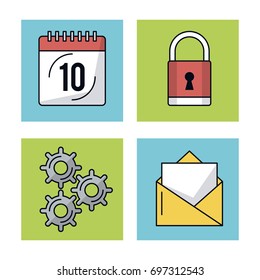 white background with colorful squares with icons of mobile app as calendar and padlock and settings and mail