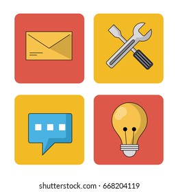 white background with colorful squares with mail and tools and light bulb and speech bubble