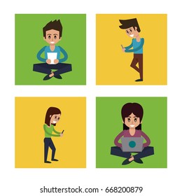white background with colorful squares with man and woman in communicating via mobile devices