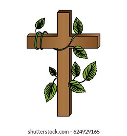 white background with colorful wooden cross and creeper plant vector illustration