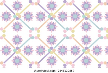 Fundo branco composto de figuras geométricas e flores coloridas em tons pastel.