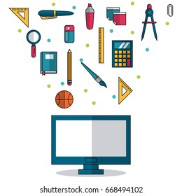 white background with computer in closeup and colorful smaller icons of elements of school