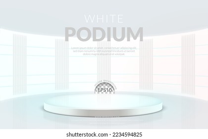 White background concept, white cylinder Podium with neon light on white room, Vector illustration