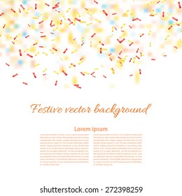 White background with confetti. Sample for your festive design. Vector illustration