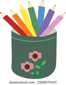 The white background contains colorful pencils and a green pencil holder with flower