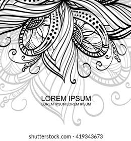 White background with contour black  flower. Black-and-white decorative background.