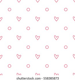 White background with contour pink hearts polka dots. Seamless vector pattern eps 10. Simple repeating texture. For Valentine's Day and Wedding. Gift wrap, print, fabric, textile retro fond.