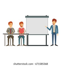 white background with couple of man sitting in a desk for executive orator in presentacion business people vector illustration