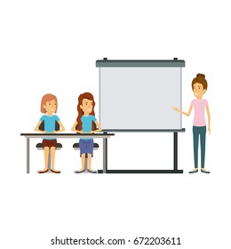 white background with couple of women sitting in a desk for female executive in presentacion business people vector illustration