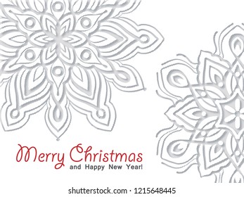 White background with  cut out paper snowflakes. Vector illustration.