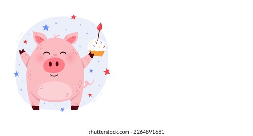 White background with cute cartoon pig with a cake. Birthday banner with a funny animal. Design for invitation, banner, card. Vector illustration