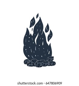 white background with dark blue hand drawn silhouette of bonfire vector illustration
