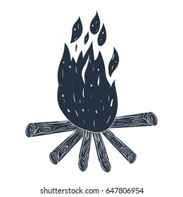 white background with dark blue hand drawn silhouette of campfire vector illustration