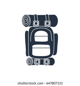 white background with dark blue hand drawn silhouette of camping backpack vector illustration