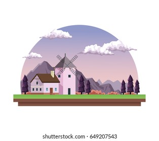 white background with dawn landscape in half round frame with field mountains and house with windmill