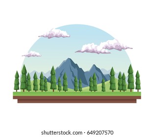 white background with daytime landscape in half round frame with mountain valley
