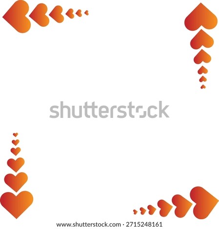 A white background is decorated with four arrangements of orange and yellow gradient hearts. These heart shapes, varying in size, form decorative borders in the top-left, top-right, bottom-left, and right-side corners, creating a playful and romantic visual element.