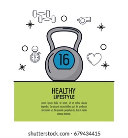 white background decorated of poster healthy lifestyle with kettlebell icon over green frame