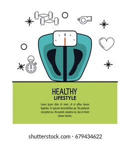 white background decorated of poster healthy lifestyle with weight scale control over light green frame