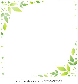 White background with decorative edges of green leaves and dots for decoration, holiday, scrapbooking paper, wedding, invitation, greeting card, text, gift tag, note paper, decoupage, poster, banner