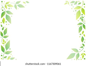 White background with decorative frame of green leaves and dots for decoration, wedding invitation, greeting card, text, family tree, cover, poster, banner, letter, certificate, scrapbooking
