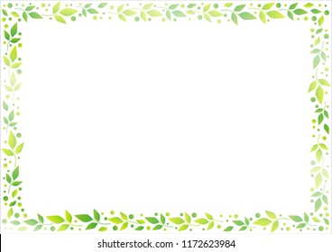 White background with decorative frame of green leaves and dots for decoration, scrapbooking paper, sheet of book or notebook, wedding invitation, greeting card, text, family tree